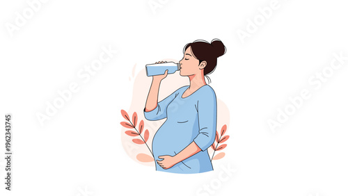 Pregnant woman gracefully drinking water from a bottle, surrounded by organic leaves, symbolizing essential hydration and wellness during pregnancy.