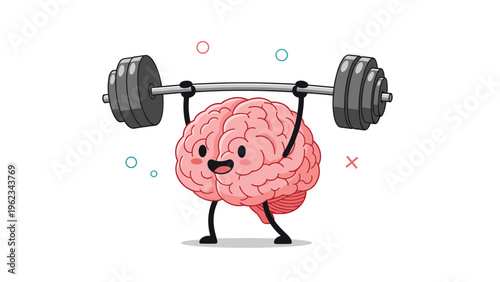 Adorable cartoon brain character with muscular arms happily lifting a heavy barbell, symbolizing robust brain health, mental fitness, and cognitive strength.