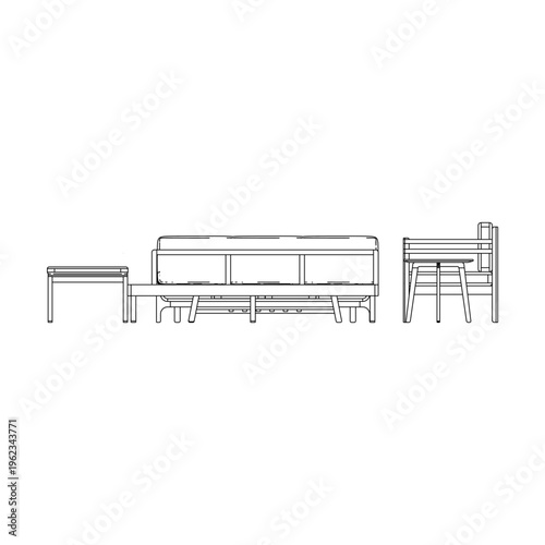 Front view outline of a living room set featuring a TV cabinet, side table, 3 seater sofa, single seater sofa, coffee table, and stool in clean elevation line drawing.