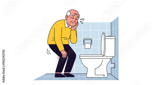 Elderly man urgently needing to use the toilet, clutching himself in discomfort, depicting common bladder issues or urinary incontinence in older adults.