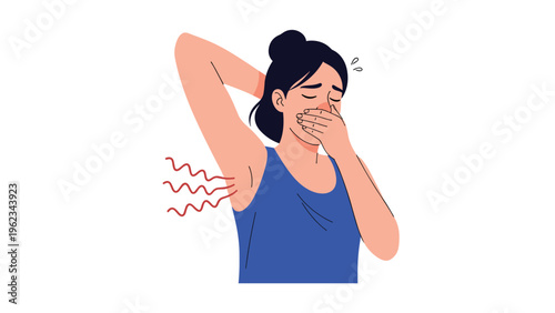Embarrassed woman holding her nose, with wavy lines indicating unpleasant odor from her armpit, symbolizing body odor, poor hygiene, or excessive sweating.
