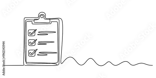 Continuous line drawing of a clipboard with a checklist and checkmarks on white background