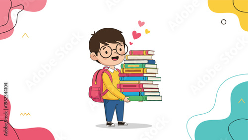 Cute little boy with glasses and a backpack, happily carrying a tall stack of colorful books with floating hearts, symbolizing a love for reading and education.