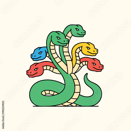 A colorful, cartoon hydra illustration, with five snake heads in various hues green, red, blue, and yellow. It's against a pale cream background