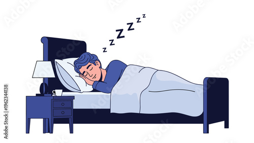 Man sleeping peacefully and soundly in his bed at night with ZZZ symbols indicating deep rest, symbolizing good sleep hygiene and healthy habits.