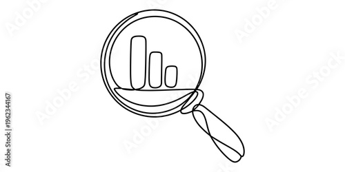 Continuous line drawing of a magnifying glass focusing on a bar chart for data analysis