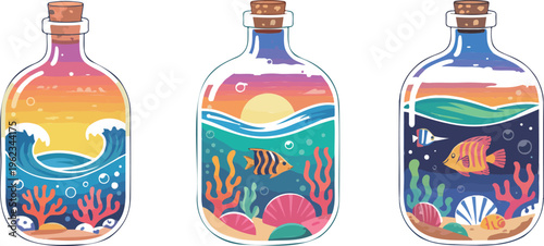 Nautical glass containers featuring underwater coral gardens and colorful tropical fish in flat vector style.