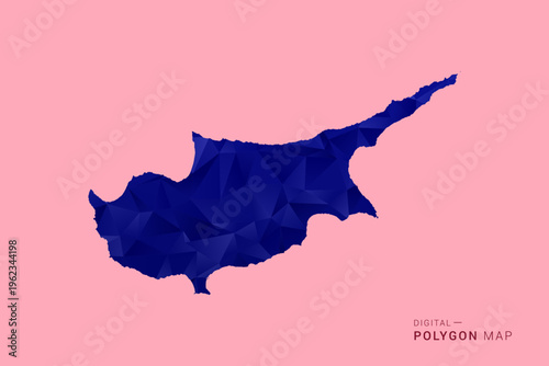 Cyprus Map - Low poly polygon map in deep blue gradient on soft pink pastel background, modern minimal geometric design, clean digital vector illustration.