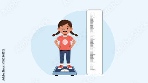 Smiling little girl standing confidently on a weighing scale next to a height chart, symbolizing child health, growth monitoring, and pediatric checkups.