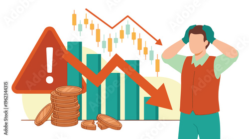 Stressed man with market crash, financial crisis, and money loss concept