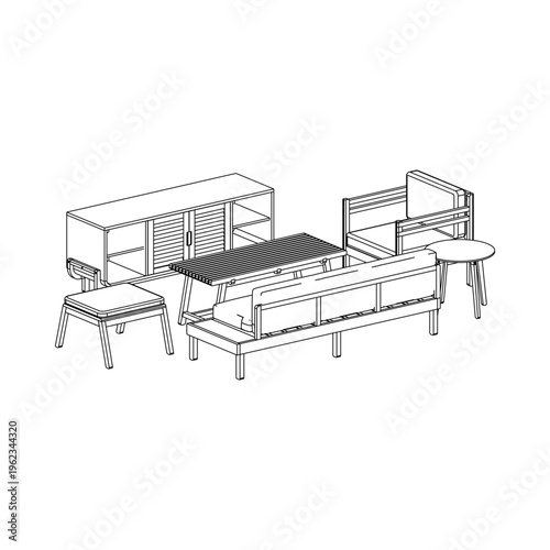 Perspective outline drawing of a living room set with TV cabinet, side table, 3 seater sofa, single seater sofa, coffee table, and stool highlighting depth and composition.