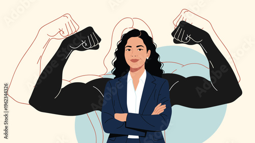 Confident woman in a business suit standing with arms crossed, with strong, flexing arms depicted behind her, symbolizing female empowerment, strength, and leadership.