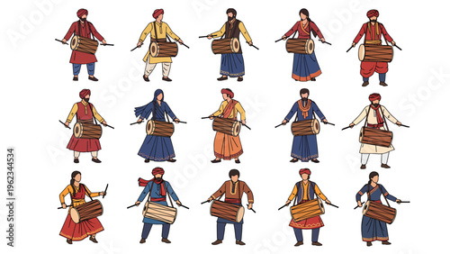 Set of Indian Dhol Player Characters in Traditional Attire, Flat Vector Illustration of Folk Musicians for Punjabi Festivals, Weddings and Cultural Events