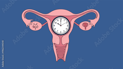 Detailed anatomical drawing of the female reproductive system with a clock inside the uterus, symbolizing fertility, menstrual cycle, and the biological clock.