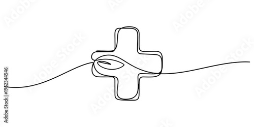 Continuous line drawing of a medical cross symbol with a leaf inside for herbal medicine concept
