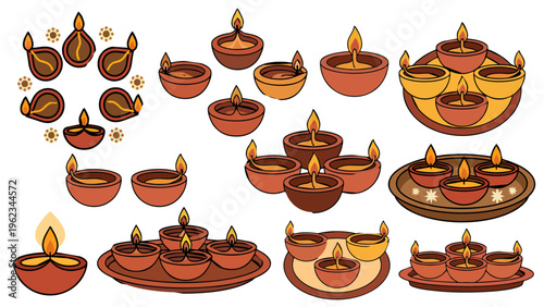 Set of Diwali Diya Vector Illustrations, Collection of Traditional Indian Oil Lamps with Glowing Flames for Festival Decor and Hindu Celebration