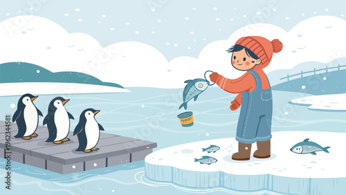 Child feeding penguins on icy dock in snowy landscape with fish