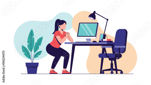 Woman performing squats in a modern office setting next to her desk and computer, symbolizing workplace fitness, active breaks, and healthy office habits.