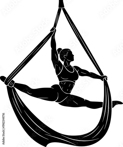 Solid black silhouette of an elegant female aerialist performing an aerial silks routine, graceful acrobat and circus performer vector isolated on white.