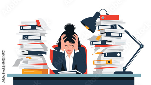 Overwhelmed businesswoman with her head in her hands, buried under immense stacks of paper and folders at her desk, symbolizing severe stress and burnout from excessive workload.