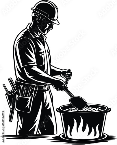 Silhouette worker wearing hard hat cooking food in large pot with ladle, tool belt, labor and nourishment vector illustration design