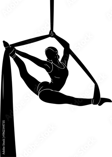 Solid black silhouette of an elegant female aerialist performing an aerial silks routine, graceful acrobat and circus performer vector isolated on white.
