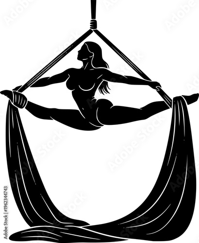 Solid black silhouette of an elegant female aerialist performing an aerial silks routine, graceful acrobat and circus performer vector isolated on white.