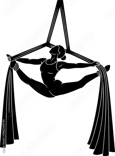 Solid black silhouette of an elegant female aerialist performing an aerial silks routine, graceful acrobat and circus performer vector isolated on white.