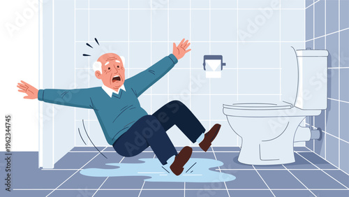 Elderly man falling dramatically in a bathroom next to a toilet due to a slippery floor, symbolizing a dangerous fall hazard and senior safety concerns.