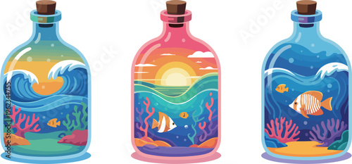 Summer ocean beach landscape inside glass bottles set with coral reef and tropical fish vector illustration.