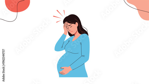 Pregnant woman clutching her head in discomfort, indicating a severe headache or distress, symbolizing potential pregnancy complications or common discomforts.