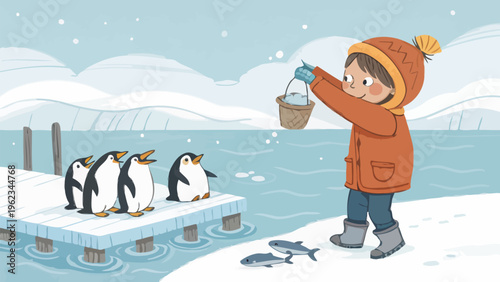 Child feeding penguins on icy dock in snowy landscape with fish