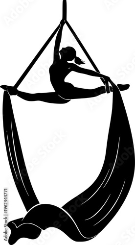 Solid black silhouette of an elegant female aerialist performing an aerial silks routine, graceful acrobat and circus performer vector isolated on white.