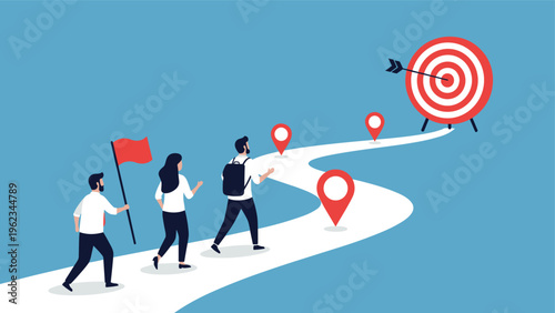 Diverse group of people following a winding path towards a bullseye target with red checkpoints, symbolizing goal achievement, strategic journey, and a business roadmap.