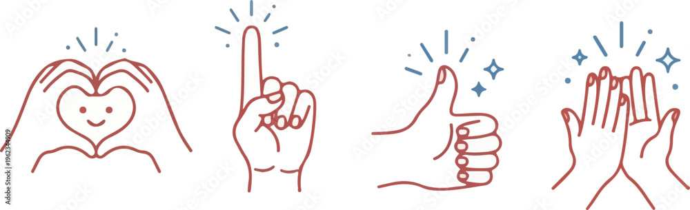 Fototapeta premium Cute Hand Gesture Icons Vector Set | Thumbs Up, OK, High Five, Love
