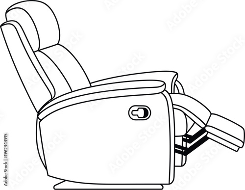 Detailed line art illustration of a comfortable and modern upholstered recliner chair with an extended footrest, offering ultimate relaxation for any living room or personal comfort space.