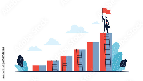 Businessman standing at the top of a bar chart, holding a flag, with ladders leading up, symbolizing business growth and success.