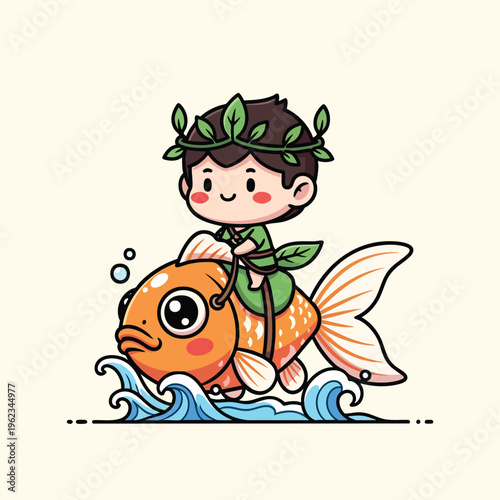 A cartoon boy wearing a green tunic and a leaf crown rides a large orange fish over ocean waves with bubbles. It's a cute illustration