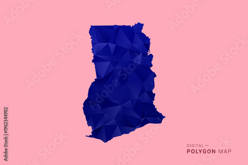 Ghana Map - Low poly polygon map in deep blue gradient on soft pink pastel background, modern minimal geometric design, clean digital vector illustration.