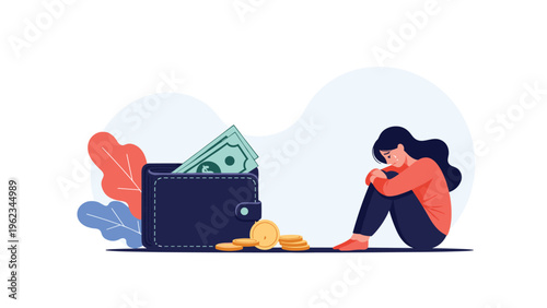 Sad woman sitting beside an open wallet with money and coins, symbolizing financial problems, debt, and economic hardship.