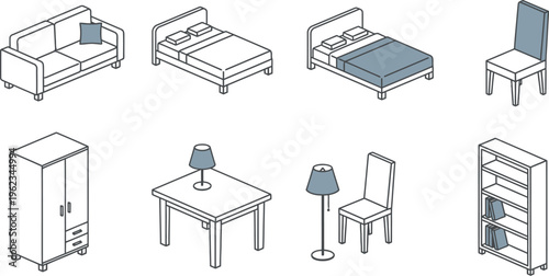 Isometric collection of various household furniture items, including beds, sofa, chairs, wardrobe, tables, and lamps, presented in a minimalist line art style on a clean white background.