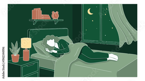 Peaceful night's sleep, person resting in bed with moon and stars outside