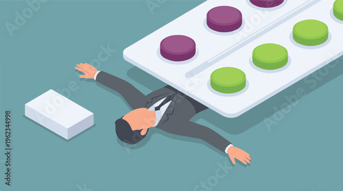 Businessman crushed by medication, symbolizing stress, addiction, or overdose