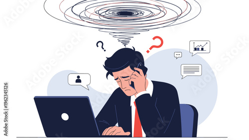 Man working at a laptop and on the phone, looking stressed and overwhelmed, with tangled thoughts and question marks above his head.