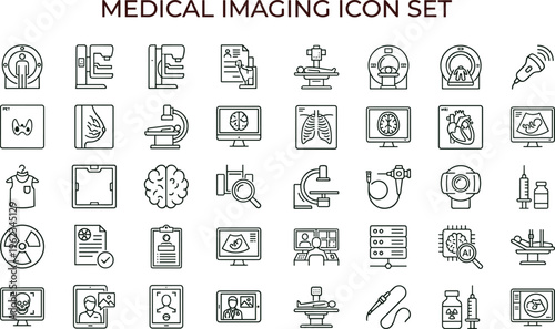 Medical imaging outline icon set with radiology diagnostic scan equipment symbols for healthcare apps dashboards interfaces presentations education materials