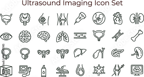 Ultrasound imaging outline icon set with medical anatomy scan diagnostic symbols for healthcare apps dashboards interfaces presentations education materials