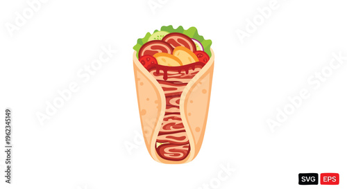A cartoon depiction of a popular wrap sandwich. Contains sliced meats, tomatoes, and vegetables like lettuce, cucumber, and onion, wrapped inside a tortilla