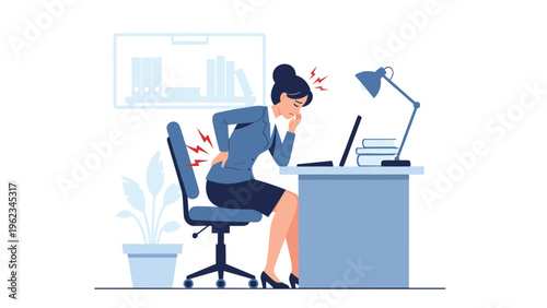Woman working at a desk, suffering from back pain and a headache, highlighting poor ergonomics and long hours at the office.