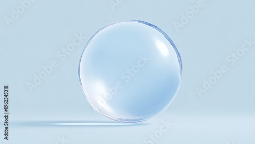 A large, clear sphere rests against a light blue backdrop, reflecting ambient light