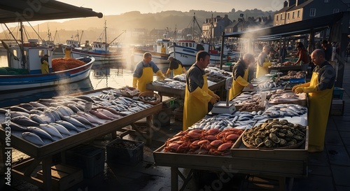 Fishermen selling fresh seafood on a bustling harbor market at sunrise